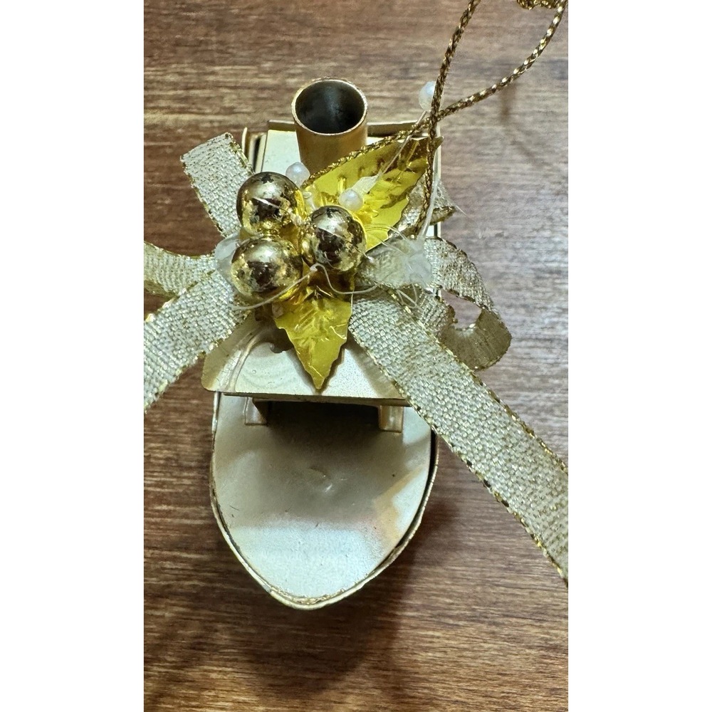 Vintage Gold Toned Metal Christmas Ornaments Featuring A Fire Truck And Boat - Picture 10 of 16